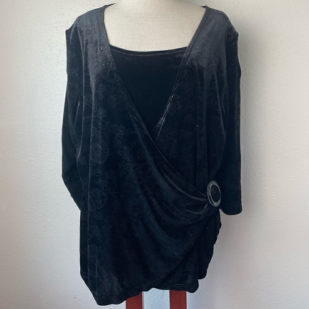 EUC Notations Womens Black Velour Sparkly Blouse Top Size 2X
